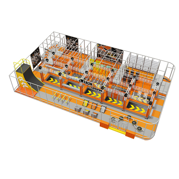 orange purple ninja warrior obstacle course park with climbing nets balance beams and warped wall