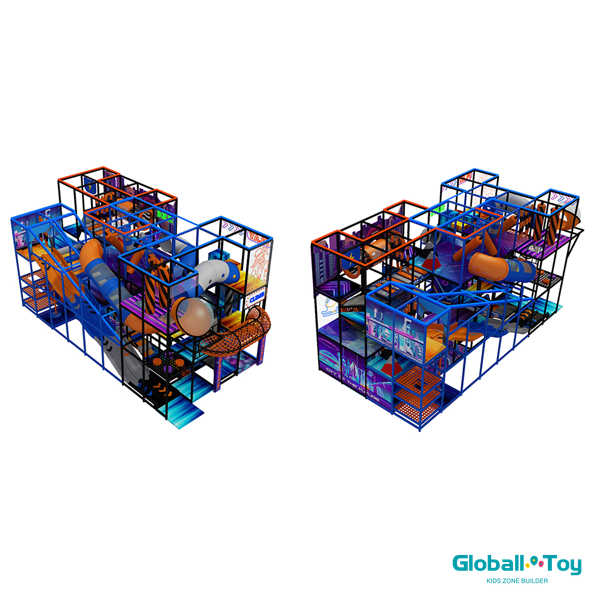 multi level indoor playground with space tube slides and climbing nets