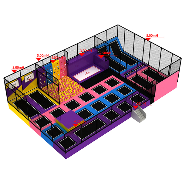colorful trampoline park structure with dodgeball court and jumping mats