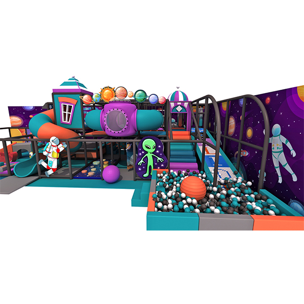 space theme indoor playground with astronaut slides and ball pit for kids