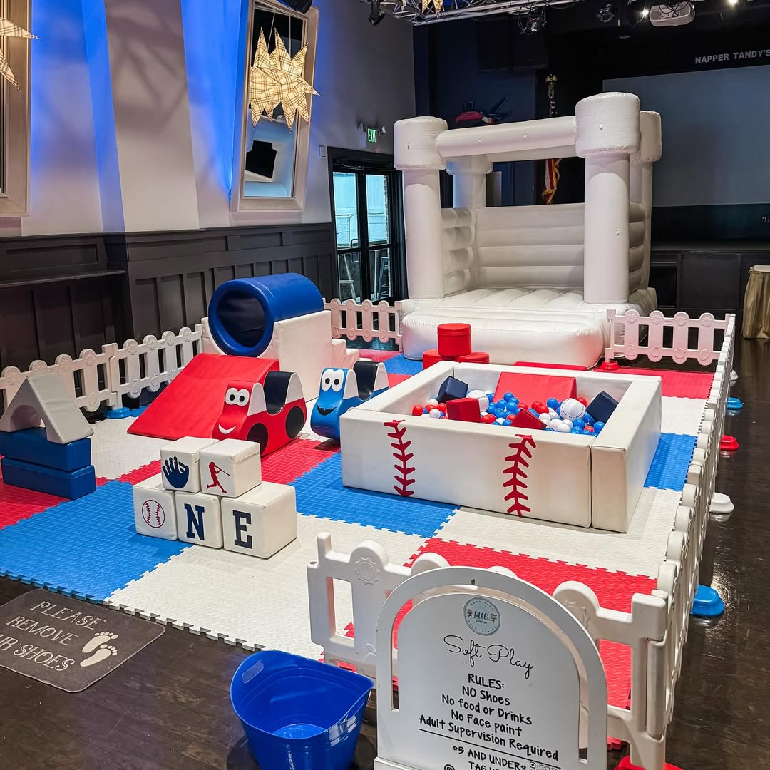 Baseball Theme Soft Play Set with Ball Pit and White Bounce House for Kids Party