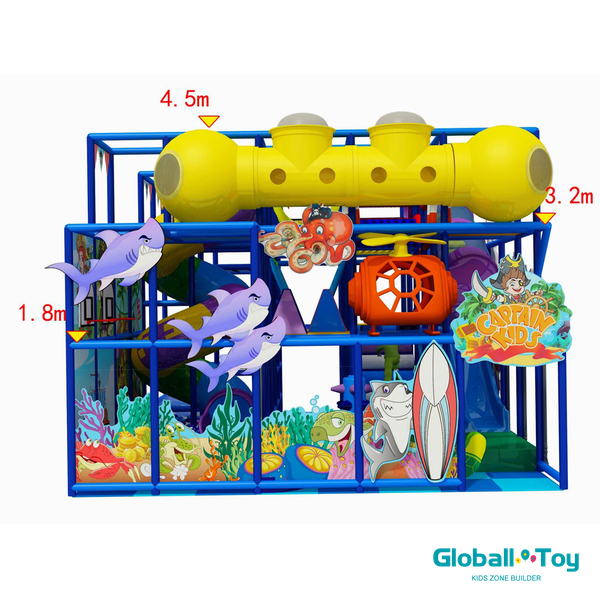 estrutura de recreação interna comercial com gráficos oceânicos e redes de escalada