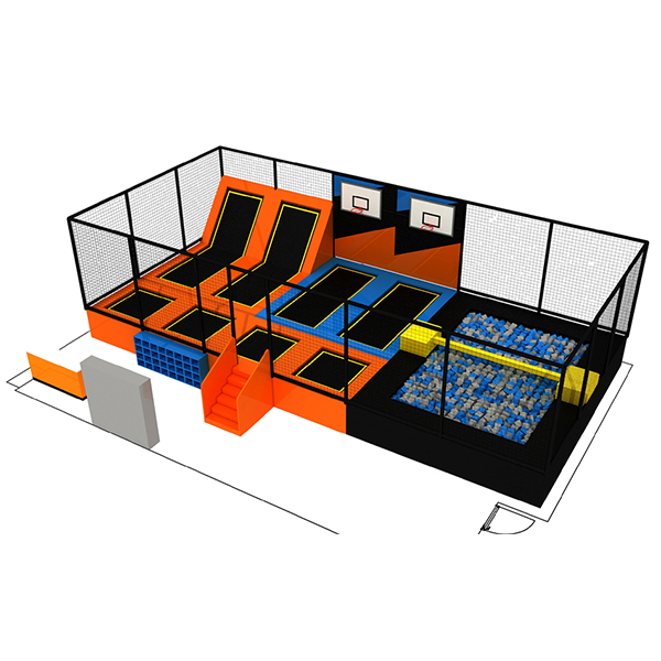 modular trampoline park system with balance beam and foam cubes