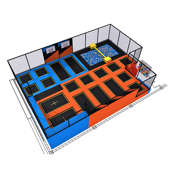 blue and orange indoor trampoline park with foam pit and basketball hoops for gyms