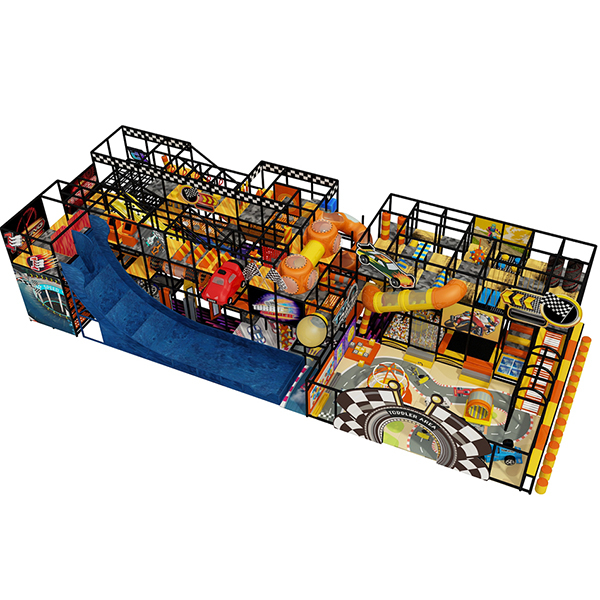 racing theme indoor playground with slides tunnels and car decorations for kids