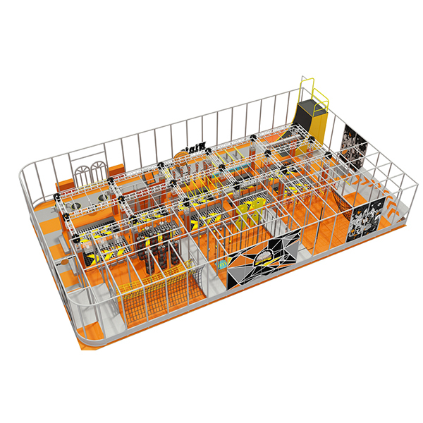 commercial indoor ninja course design with orange and yellow obstacles for gyms and amusement centers