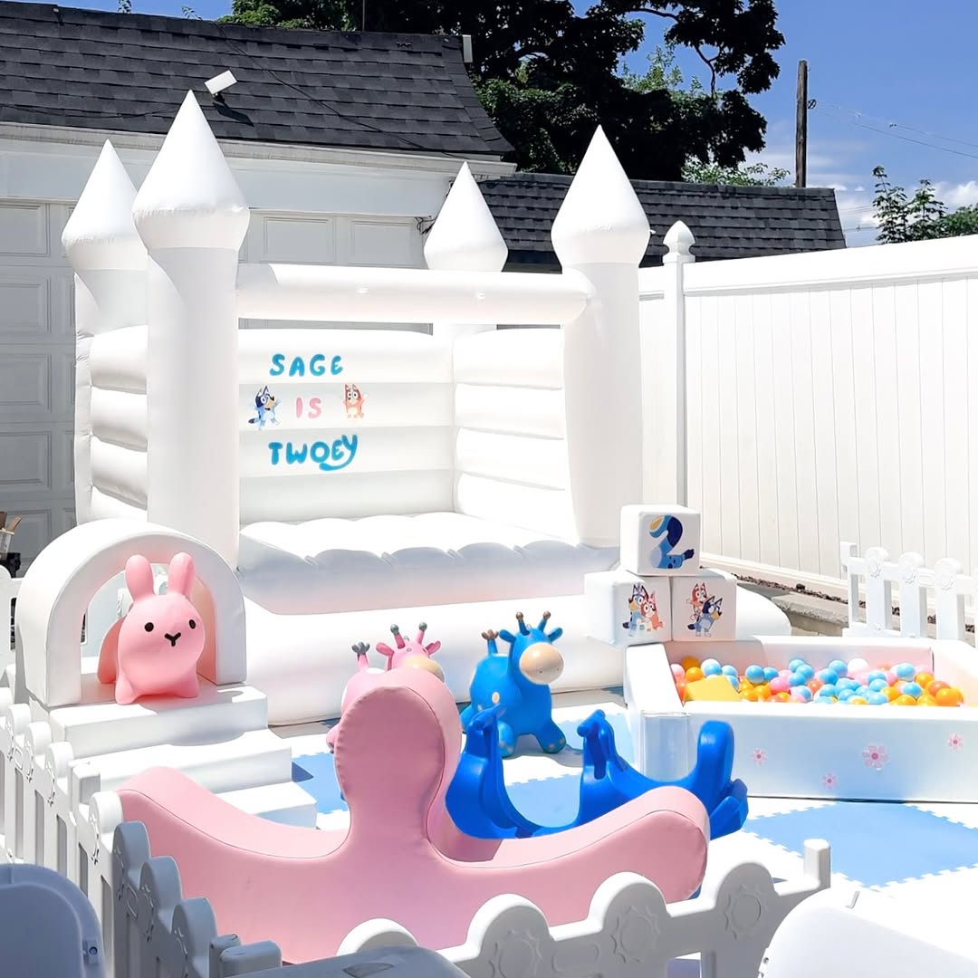 Kids soft play set up with white bouncer pink seesaw foam tunnel for kdis