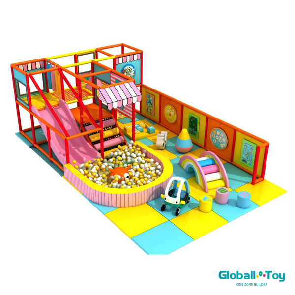 pastel theme indoor playground with double slide and ball pit