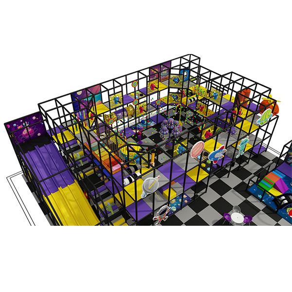 commercial space indoor playground with astronaut decorations and climbing wall