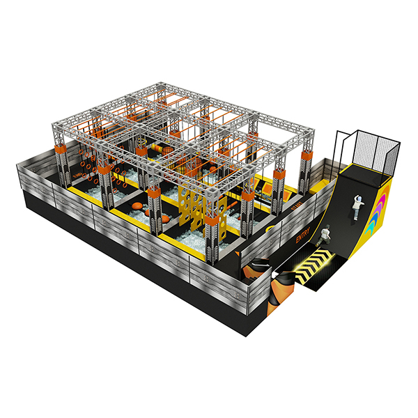 commercial ninja course layout with swinging balls and warped wall structure