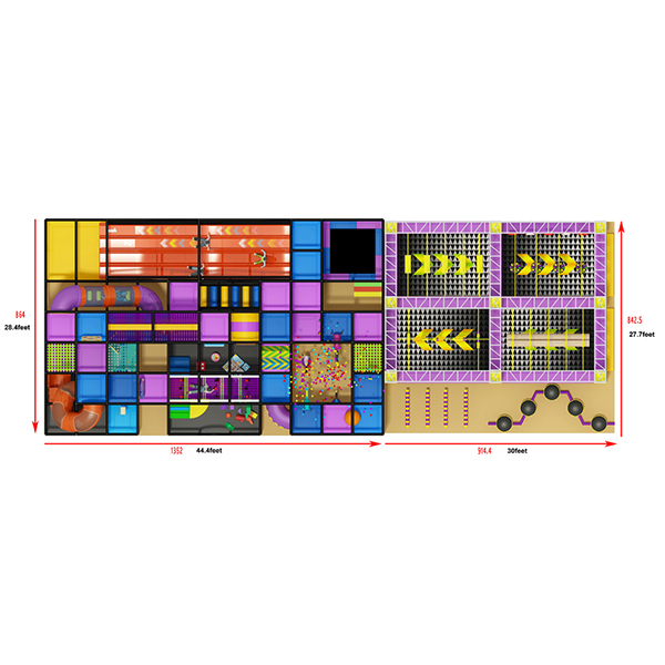 Diseño modular de parque de aventuras con trampolines y muro de escalada.