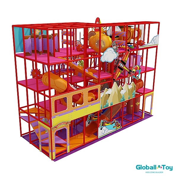 Binnenspeeltuin met vliegtuigthema, speeltoestellen met meerdere niveaus en een hindernisbaan