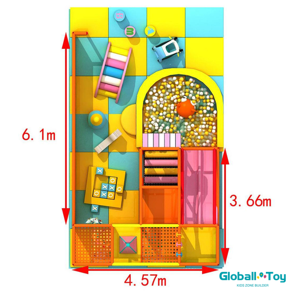 Estructura de juegos interior comercial con paneles de actividades y área de juegos para niños pequeños.