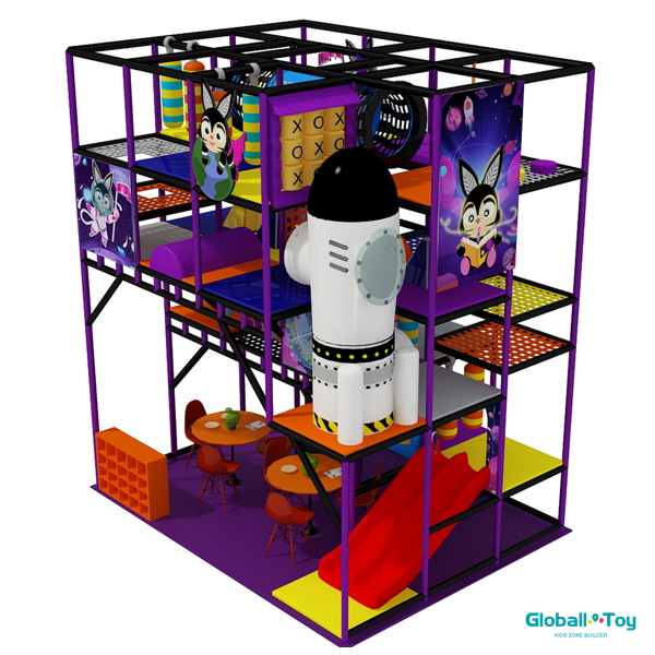 space rocket theme indoor playground with three level climbing frames and slides