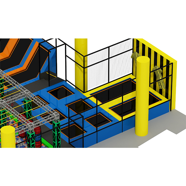 large indoor trampoline playground with basketball hoops and adventure area