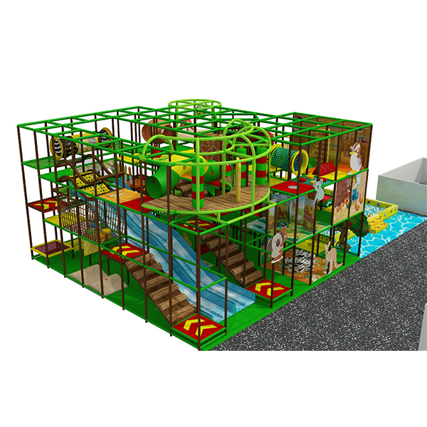 forest theme indoor playground with slides tunnels and climbing obstacles for kids