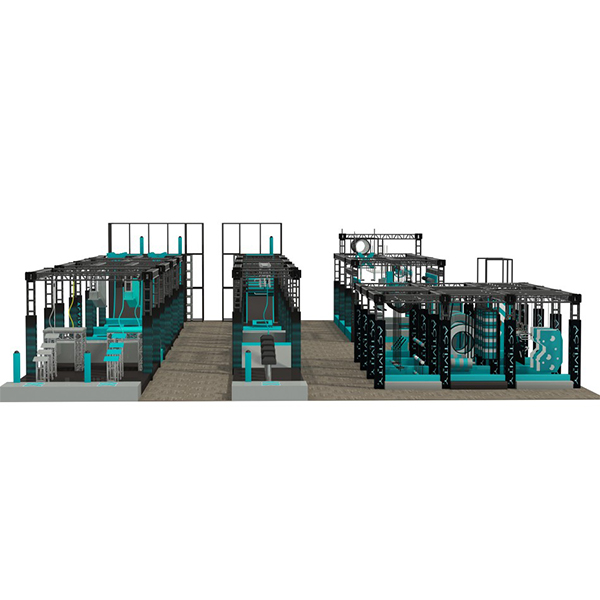 commercial ninja course layout with trampoline area climbing wall and rope swing stations
