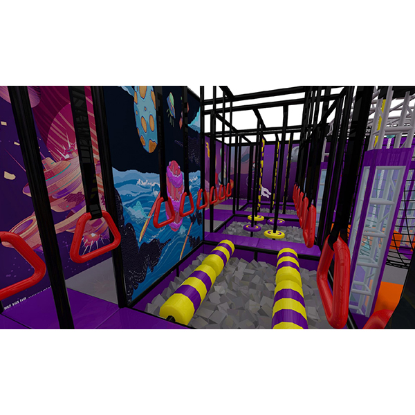 commercial ninja course with cosmic wall graphics and foam pit adventure zone