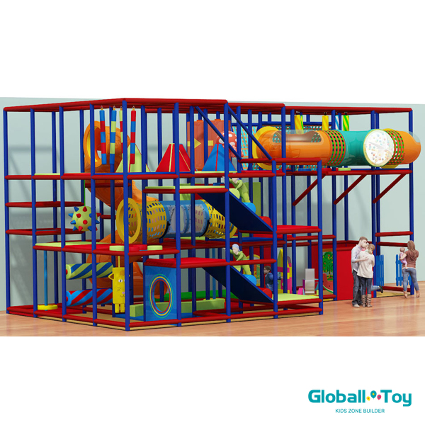 indoor playground design with climbing and tunnel for children