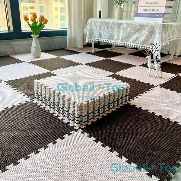 woven-floor-mat-brown-white-checker-design-for-playroom