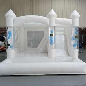 White inflatable bouncy castle with slide and transparent mesh
