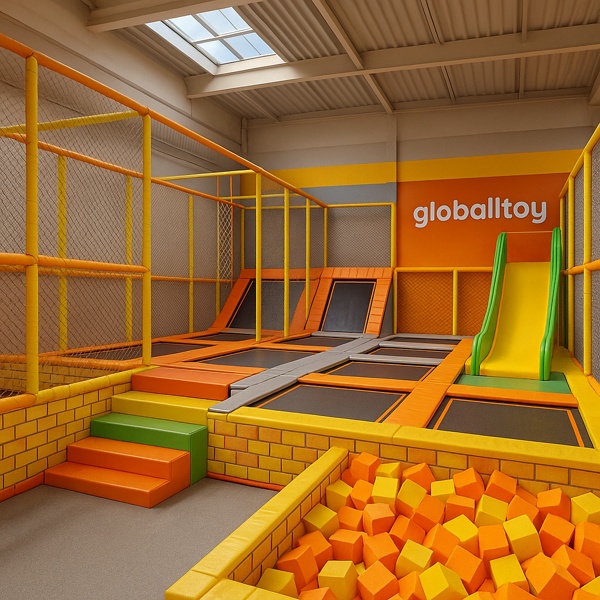 Parc de trampoline intérieur Globalltoy avec fosse en mousse, glissière et murs de briques rembourrés colorés pour le jeu et l'utilisation de la location des enfants