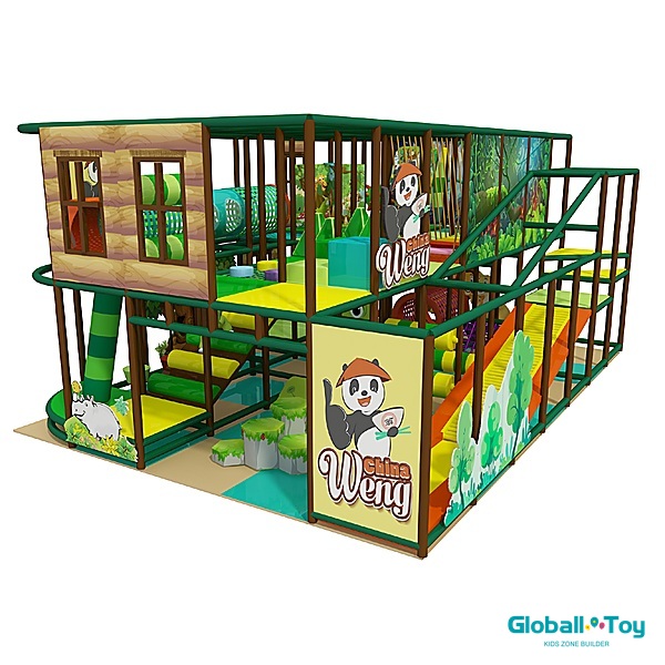 two level indoor playground with bridge nets and foam rollers