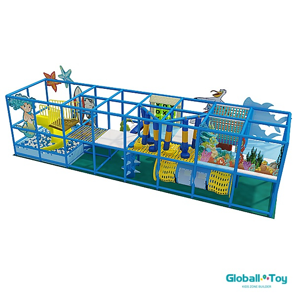ocean theme indoor playground with slide into ball pit and climbing obstacles