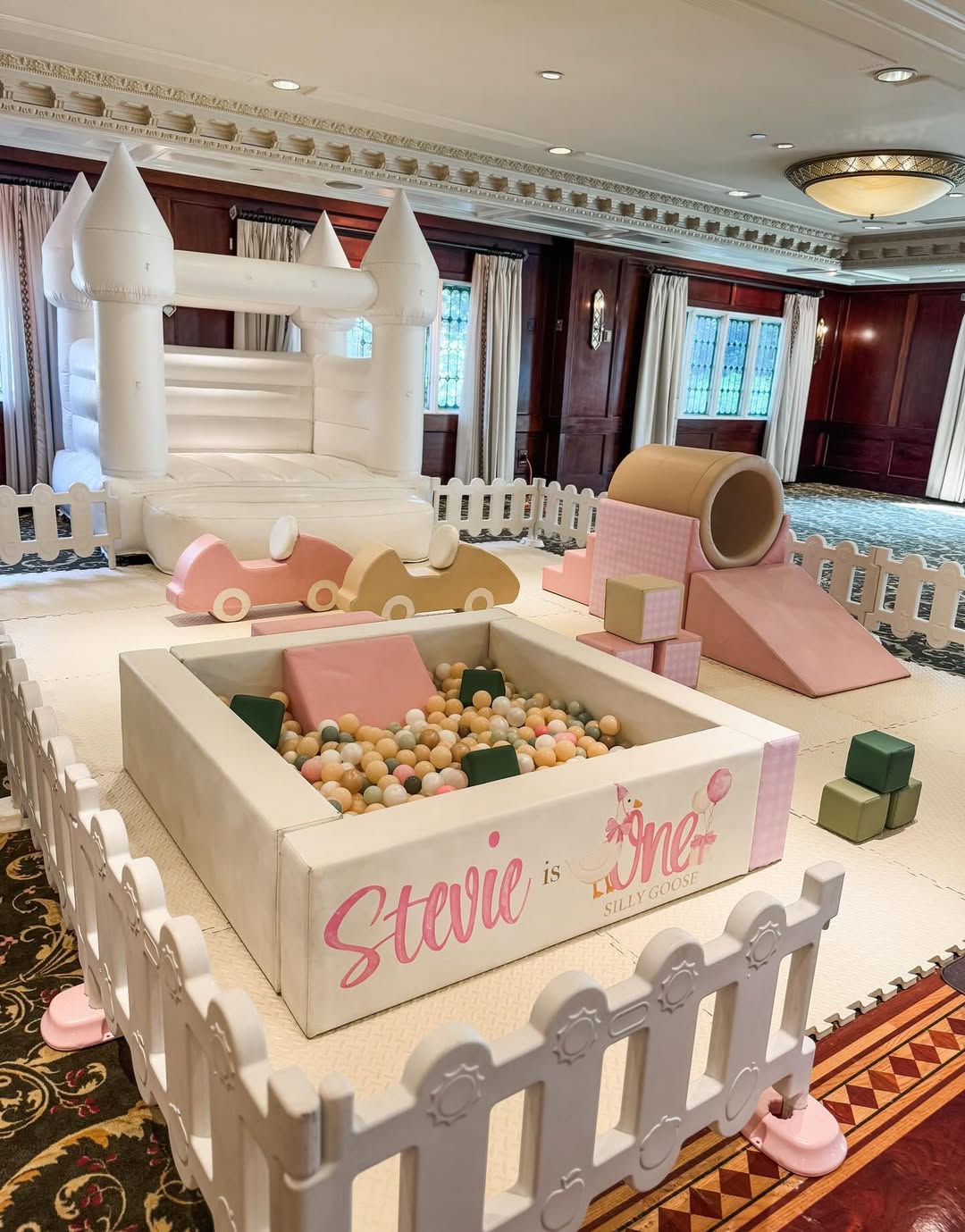 Pastel Soft Play Set with Ball Pit, Cars and White Bounce House for Toddler Birthday Party