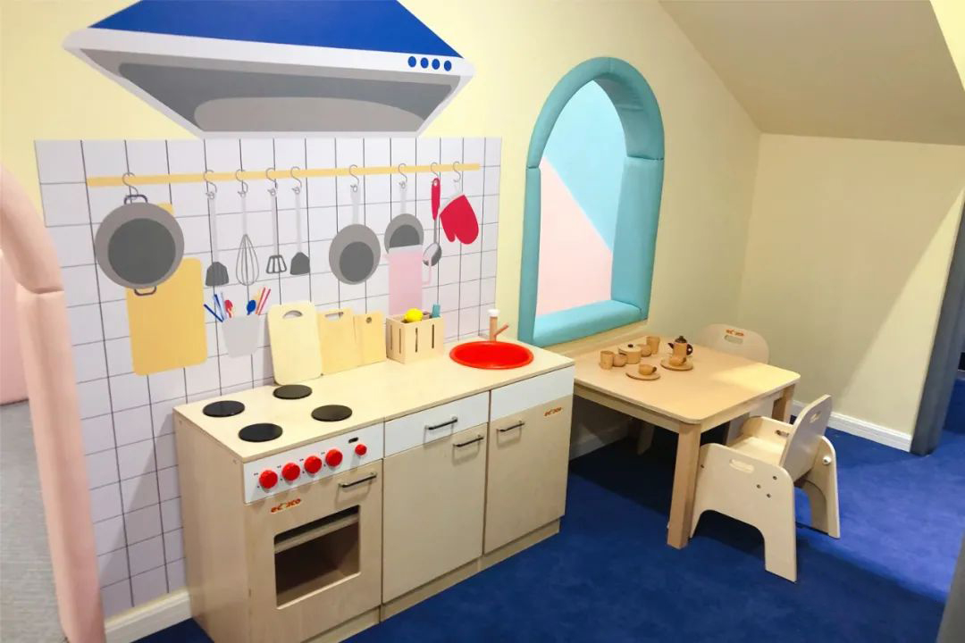 Wooden Kids Play Kitchen and Dining Set in Indoor Playroom