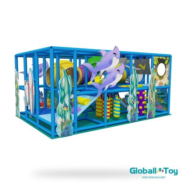 ocean theme indoor playground with tunnel slide and climbing obstacles
