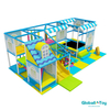 blue house theme indoor playground with double slide and ball pit