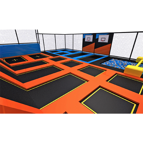 custom trampoline park structure with interconnected jump zones and foam cube pit
