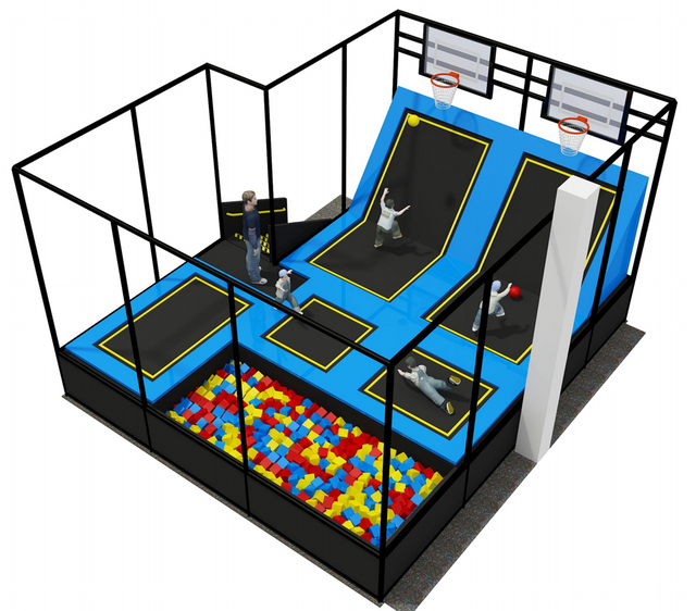 compact indoor trampoline park with foam pit and basketball slam dunk zone
