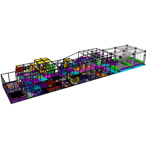 large commercial indoor playground structure with obstacle course and climbing nets