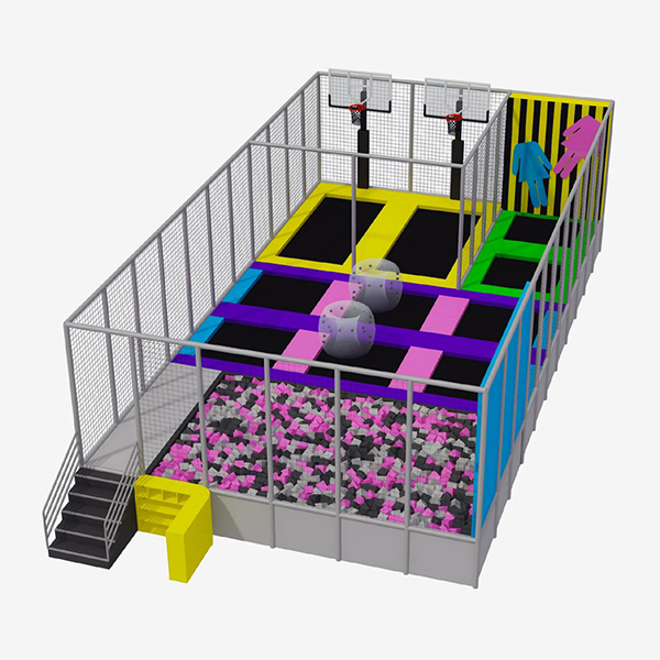 small indoor trampoline park with foam pit and climbing wall for family entertainment