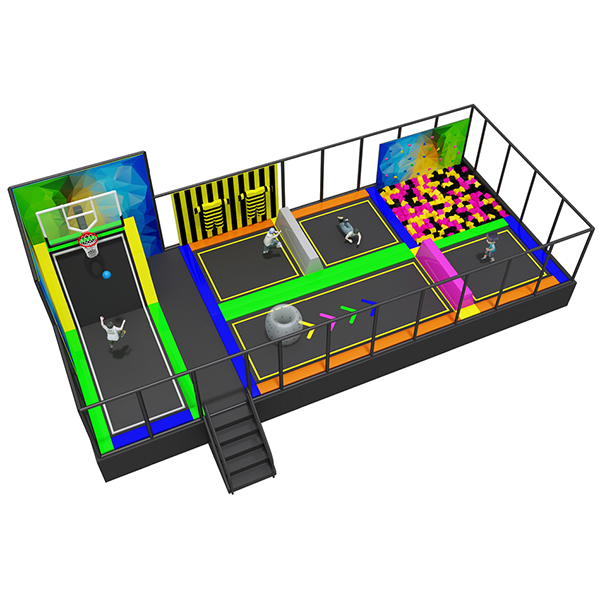 commercial indoor trampoline playground with multiple jump zones and foam blocks