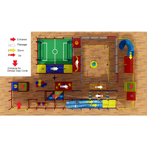 commercial indoor play zone layout with obstacle course and foam ball shooter area