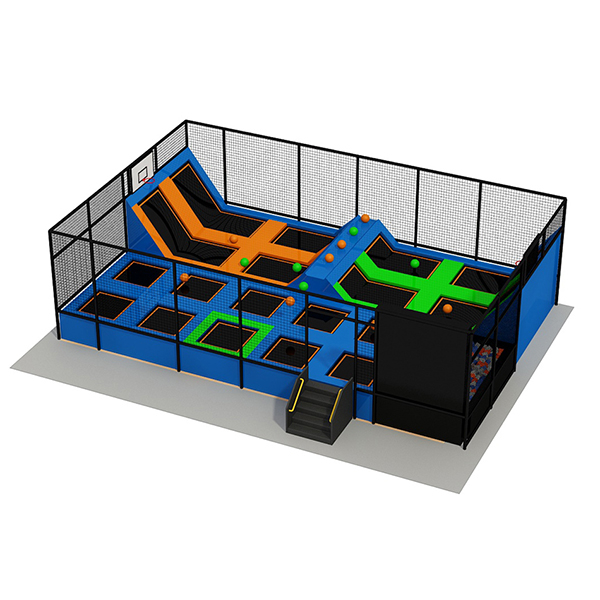 colorful indoor trampoline park design with multiple jump zones and play equipment
