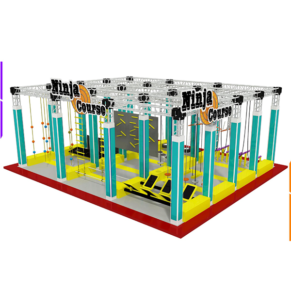 yellow and blue ninja warrior obstacle park with warped wall and rope course