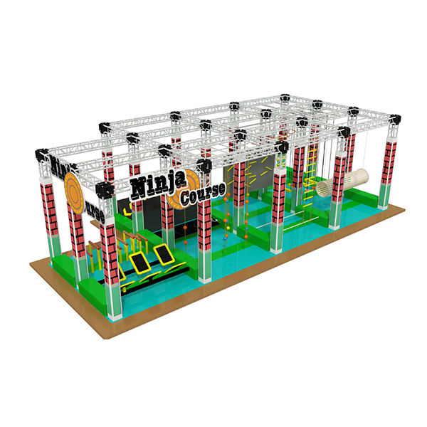 commercial ninja adventure park with rope ladders floating steps and wall run