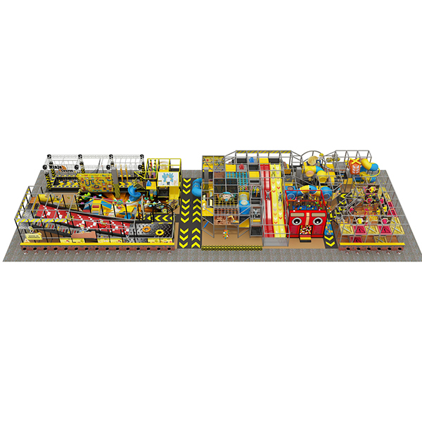 large modular indoor playground layout with slides ball pits and obstacle areas