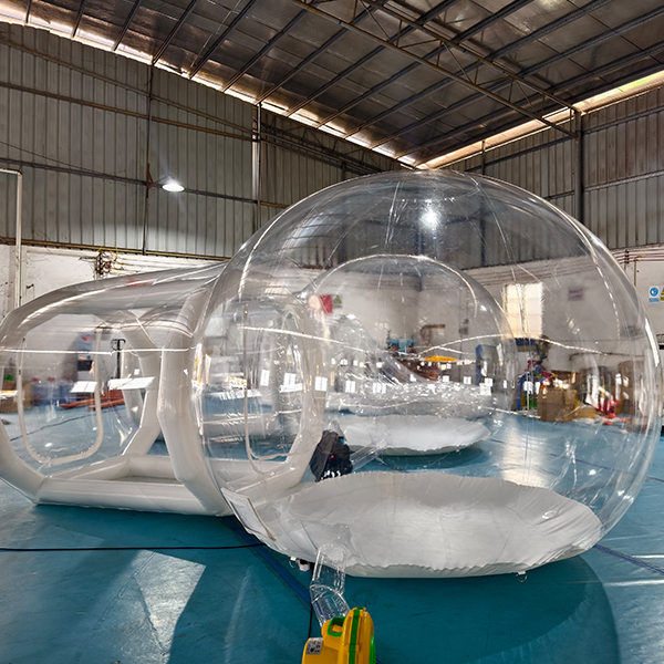 Inflatable clear dome tent with airlock tunnel entry
