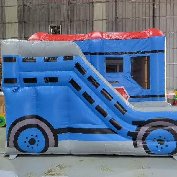 Portero de autobús escolar inflable con diapositivas de viaje colorido para niños alquiler de fiestas