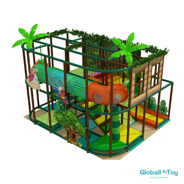 jungle theme indoor playground with tunnel slide and climbing nets