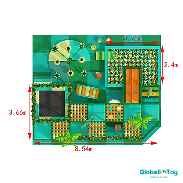Estructura de juegos interior comercial para niños con paseo giratorio en forma de palmera.