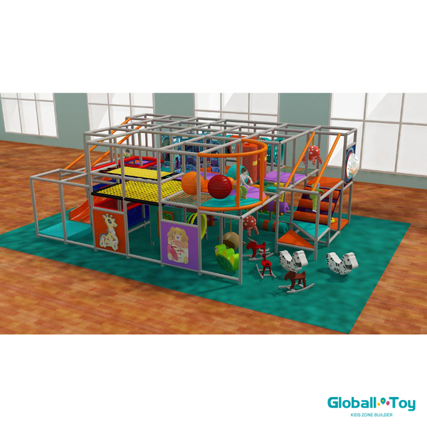 daycare indoor playground with trampoline, ball pit and rocking toys