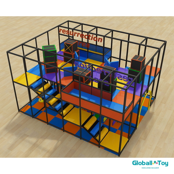 toddler play gym with foam obstacles, slides and commercial indoor playground