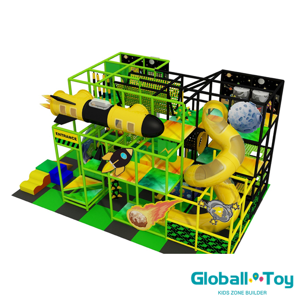 indoor play zone with spaceship design spiral slide and commercial play structure