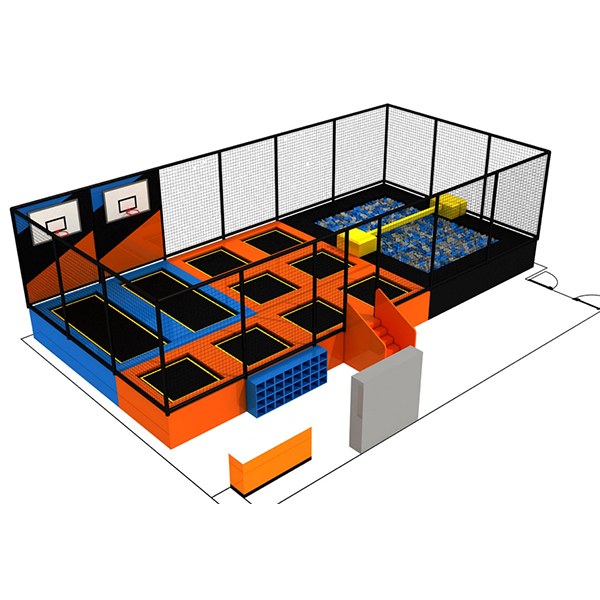 orange and blue indoor trampoline park with foam pit and basketball area